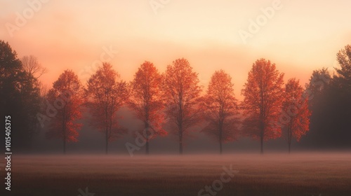 A moody autumn landscape with a foggy orange sunrise peeking through a row of trees covered in fall foliage.