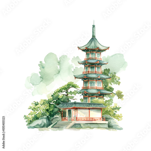 pagoda with nature lanscape vector illustration in watercolor style