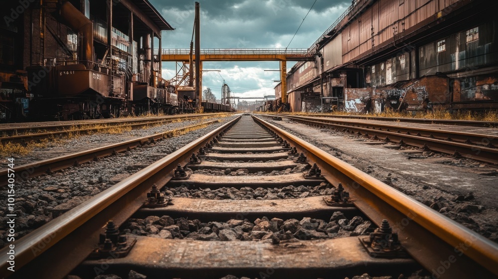 A pair of railway tracks running parallel through an industrial area, with warehouses and machinery in the background. A pair of railway tracks running parallel through an industrial area, with warehouses and machinery in the background.
