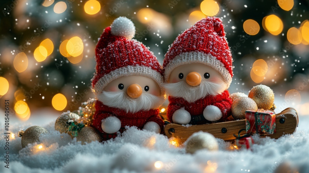 Fototapeta premium Two Santa Clauses on small wooden sleighs with gifts. Christmas greeting card with Santa Claus. Festive decoration. New Year. Selective focus. Cute funny gnomes, decorated for Christmas