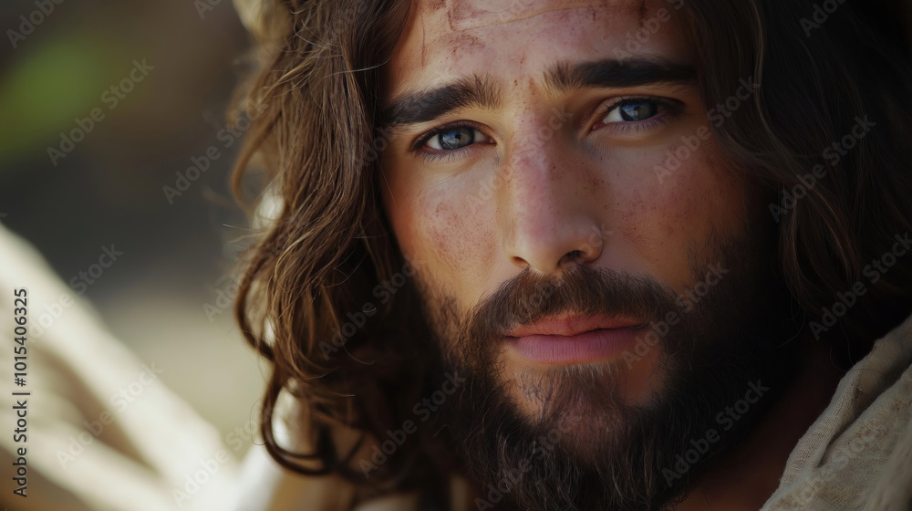 Bearded man in a tunic gazes intensely, exuding spirituality and wisdom, evoking ancient beliefs with his serious expression and blue eyes