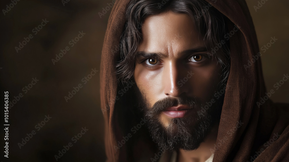 Dramatic portrait of a prophet wearing a brown cloak, illuminated by soft, ethereal light. His intense gaze conveys wisdom and a connection to the divine Dramatic portrait of a prophet wearing a brown cloak, illuminated by soft, ethereal light. His intense gaze conveys wisdom and a connection to the divine