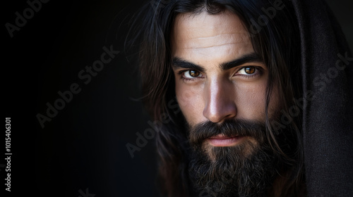 Serious young man with long hair and a beard poses against a dark background, exuding a trendy and stylish vibe with his handsome and attractive appearance