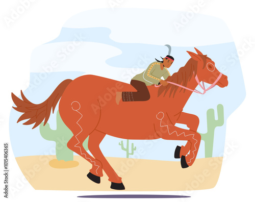 Native American Character Riding A Galloping Horse Across The Desert Landscape Of The Wild West With Cacti And Open Sky