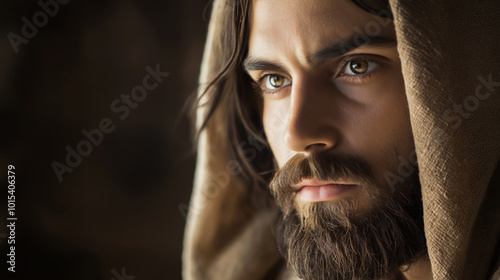 Contemplative bearded man in hooded portrait, exuding faith and spirituality with hopeful, prayerful eyes, lost in thoughts of christian beliefs. Sepia-toned image captures his wisdom and solitude