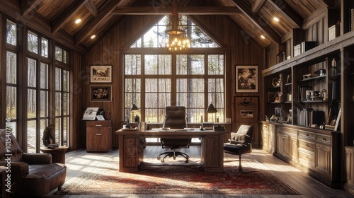A 3D render of a rustic home office created with 3DS Max