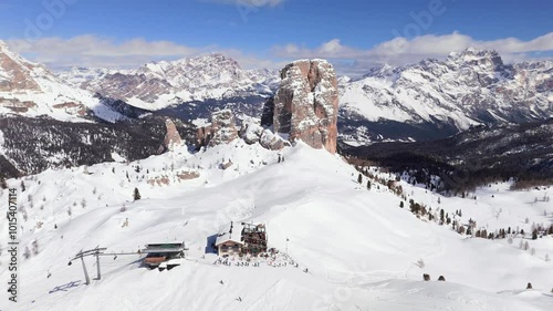 Aerial drone view of Skiers in Cinque Torri Apres Ski, Dolomites Ski Resort