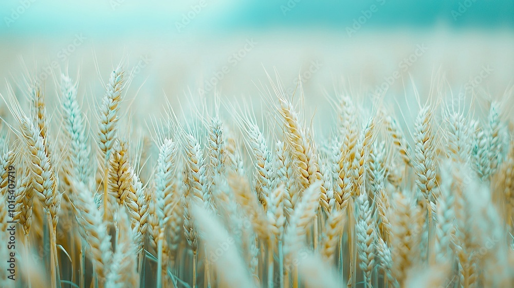 A sharp focus on wheat stalks in the foreground of a wheat field against a vivid blue sky backdrop A sharp focus on wheat stalks in the foreground of a wheat field against a vivid blue sky backdrop