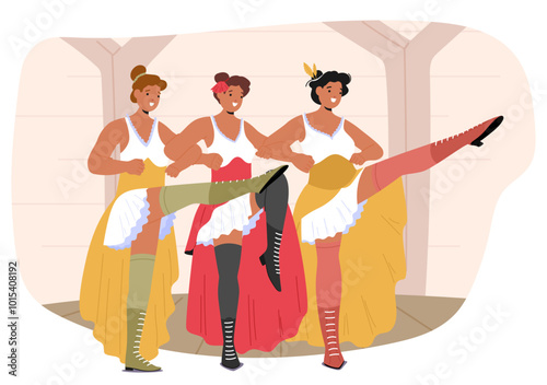 Three Women Performing A Energetic Can-Can Dance In A Vibrant Wild West Saloon With Colorful Costumes And High Kicks