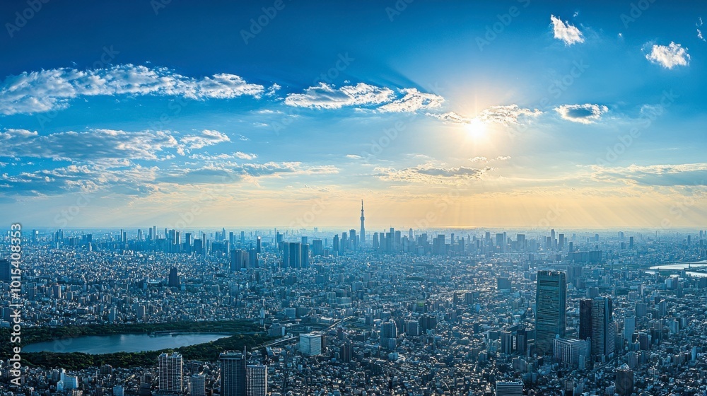 Fototapeta premium A panoramic view of Tokyo from an observation deck, with skyscrapers and landmarks stretching into the distance.