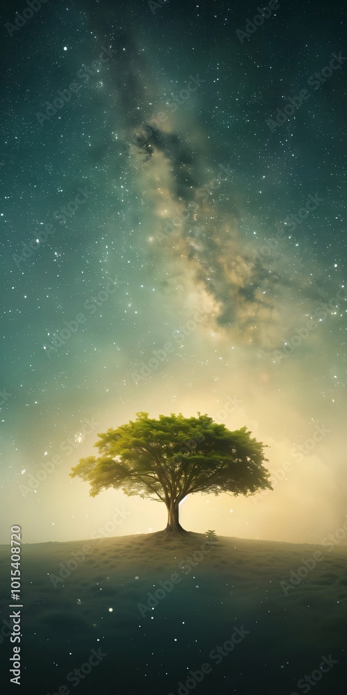 Lone tree is standing on a dreamlike hill under the milky way galaxy, creating a sense of awe and wonder. The surreal image evokes feelings of peace, tranquility, and the beauty of nature Lone tree is standing on a dreamlike hill under the milky way galaxy, creating a sense of awe and wonder. The surreal image evokes feelings of peace, tranquility, and the beauty of nature