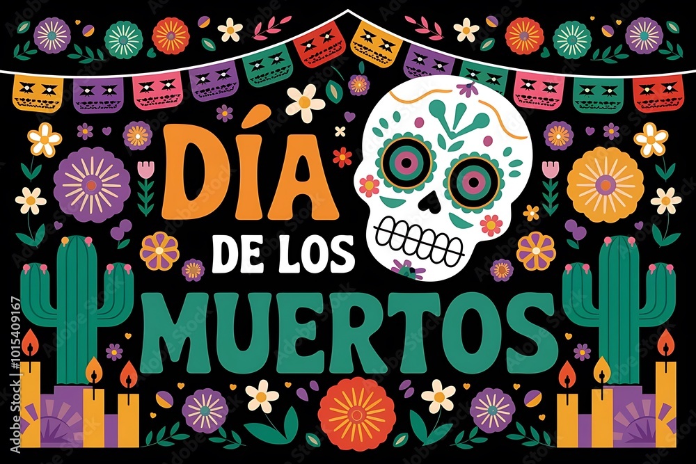 Día de los Muertos festive illustration with sugar skulls, flowers, and candles for holiday decor or event posters Día de los Muertos festive illustration with sugar skulls, flowers, and candles for holiday decor or event posters