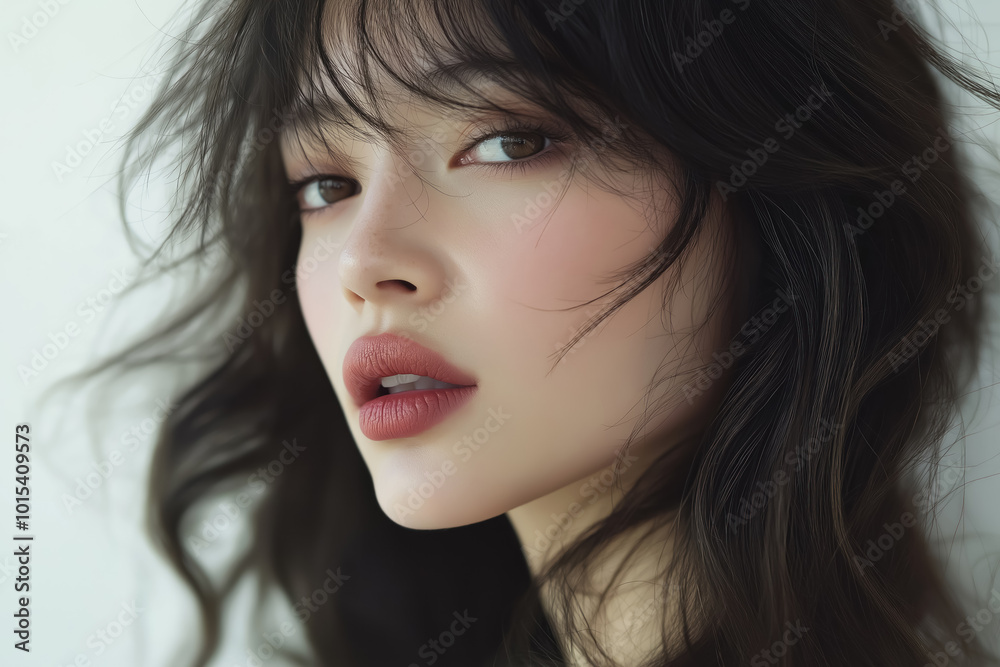 portrait of a young woman with brown eyes and layered hair with side bangs looking directly at the camera portrait of a young woman with brown eyes and layered hair with side bangs looking directly at the camera