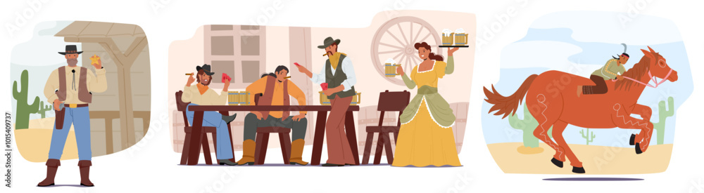 Classic Wild West Life With Cowboys Enjoying Drinks, A Saloon Bartender, And A Cowboy Riding A Horse Through The Desert Classic Wild West Life With Cowboys Enjoying Drinks, A Saloon Bartender, And A Cowboy Riding A Horse Through The Desert