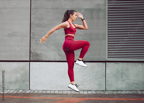 Exercise, profile and stretching with woman in city, outdoor for cardio, training or workout routine. Fitness, running and warm up with sports person in urban town for challenge and competition