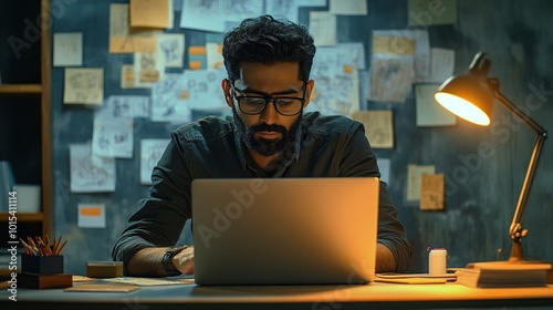 Man working on a laptop in a creative workspace.