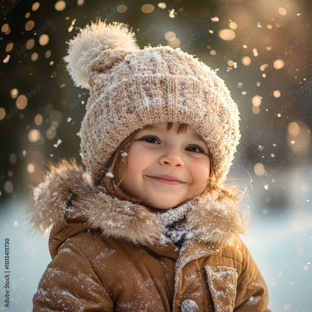 Cute child in winter clothes, playing outside in falling snow, joyful scene Cute child in winter clothes, playing outside in falling snow, joyful scene