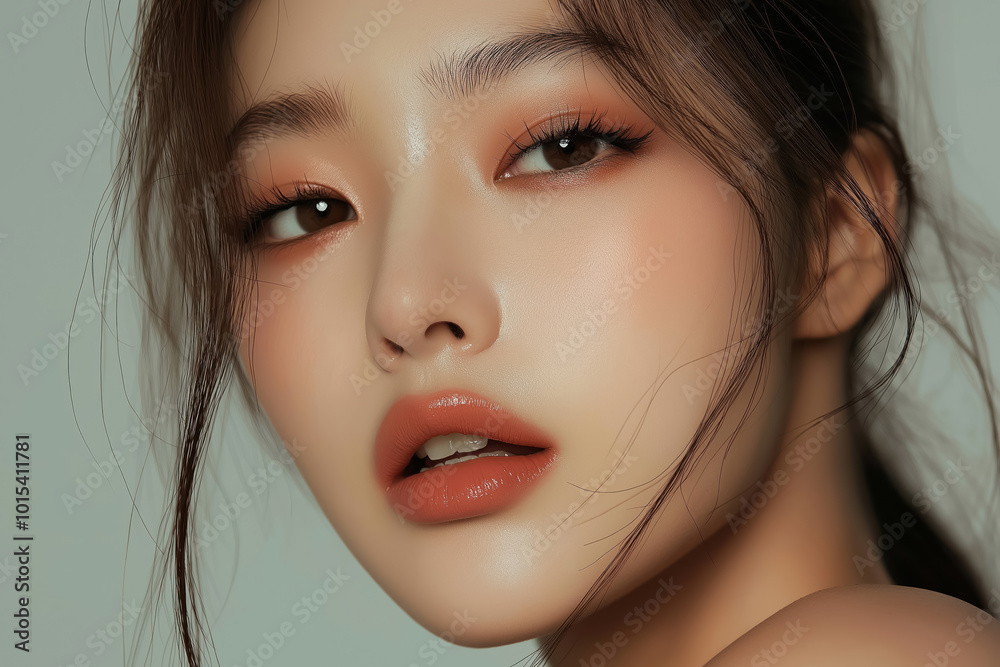 glamorous asian model with a windblown hairstyle and dramatic eye makeup looking at camera glamorous asian model with a windblown hairstyle and dramatic eye makeup looking at camera