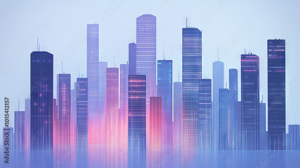 Fototapeta premium Silhouetted skyscrapers in a futuristic city glow with neon lights in soft purple and pink hues.