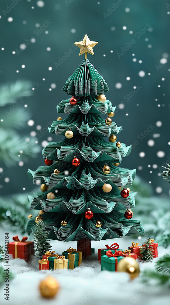 Obraz premium Origami Christmas Tree With Christmas Star In Top Light Snow And Presents, With Copy Space, Christmas Holiday, Holiday Season.