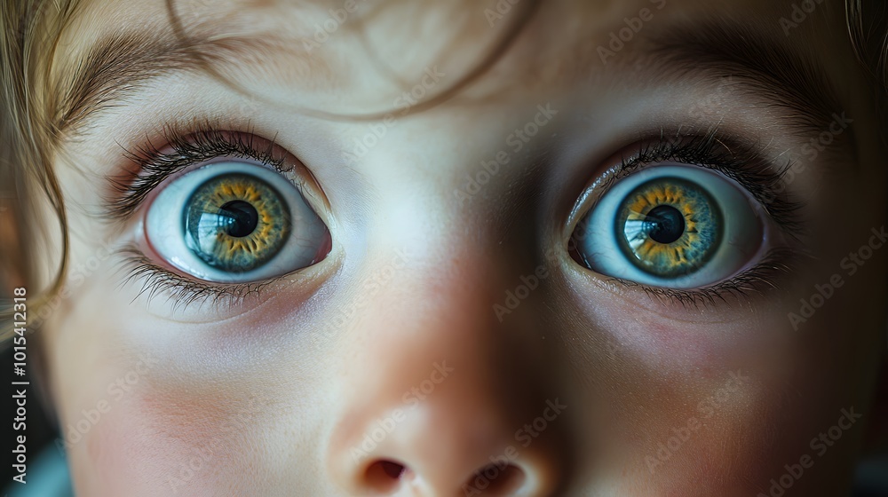 Naklejka premium Close-up portrait of a little boy with big eyes full of fear.
