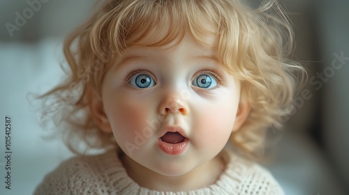 Surprised children's emotions. Portrait of a charming little girl, with her mouth open in surprise.