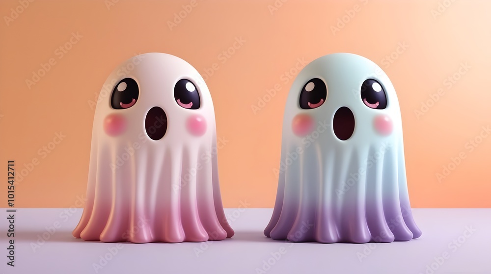 two cute and spooky ghosts in a gradient orange background two cute and spooky ghosts in a gradient orange background