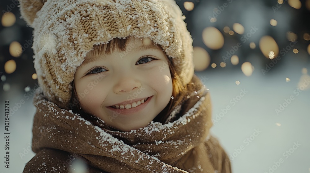 Cute child in winter clothes, playing outside in falling snow, joyful scene Cute child in winter clothes, playing outside in falling snow, joyful scene
