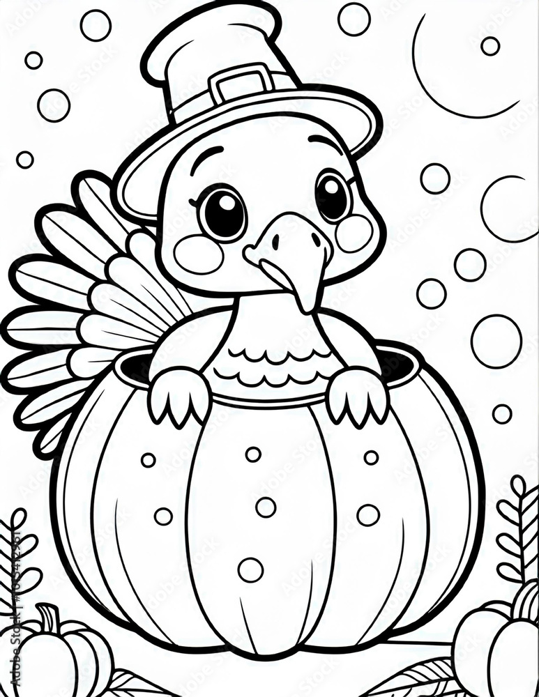 thanksgiving turkey in a pumpkin, funny cartoon coloring picture for ...