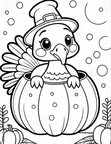 thanksgiving turkey in a pumpkin, funny cartoon coloring picture for kids and adults. you can print it on a 8.5x11 inch paper	