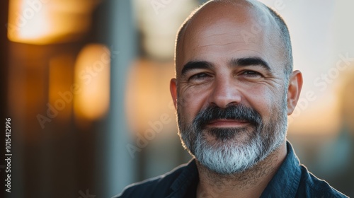 A confident adult male stands against a soft, blurred background, illuminated by warm light that accentuates his facial features, ideal for brand representation