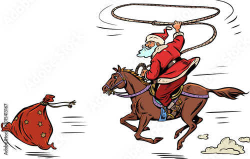 Last days of discounts on goods for New Year and Christmas. Buy gifts on marketplaces. Santa Claus tries to catch the running gift.
