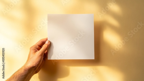 A hand gently grips a blank sheet of paper, angled slightly against a soft pastel yellow backdrop. This composition offers ample space for text or design, ideal for creative projects