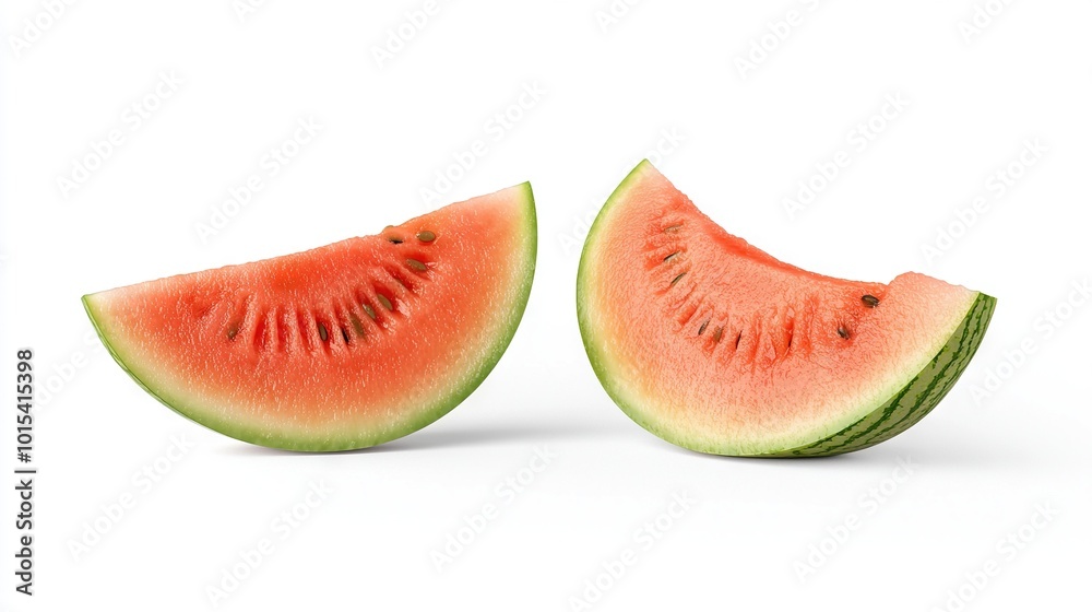 Two watermelon slices placed beside each other on a white background Two watermelon slices placed beside each other on a white background