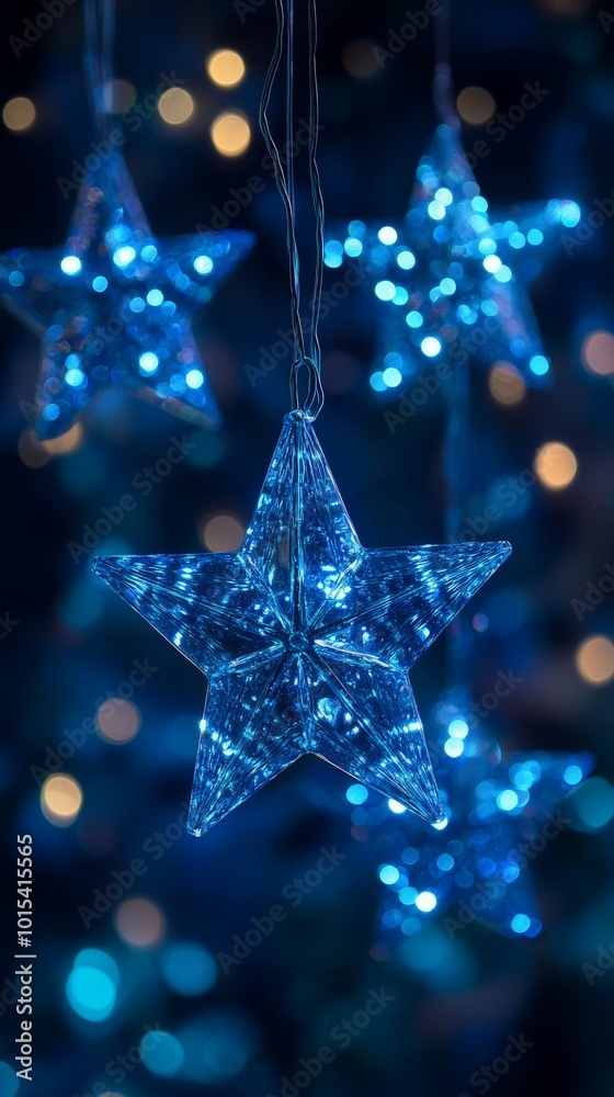 Christmas star string lights glowing with festive bokeh in blue night sky