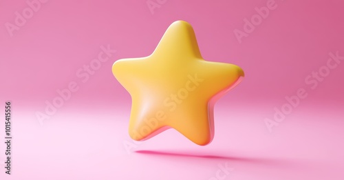 On pink 3D background with excellent opinion, there is a gold star symbol of customer satisfaction review service.