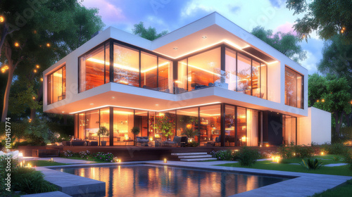 Modern home with a pool, lit up at night. A luxurious place to relax and enjoy the evening.