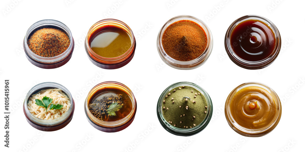 Assorted Spices and Sauces in Glass Jars, set collection, mega bundle, isolated on transparent background Assorted Spices and Sauces in Glass Jars, set collection, mega bundle, isolated on transparent background