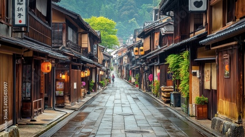 A quiet street in a historic district of Japan, lined with traditional wooden machiya houses and small shops.