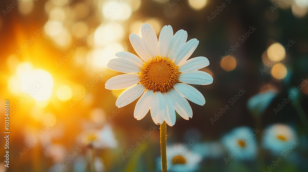 daisy flower stands out in a lush garden, symbolizing purity and innocence. The selective focus highlights its delicate petals against a blurred green backdrop daisy flower stands out in a lush garden, symbolizing purity and innocence. The selective focus highlights its delicate petals against a blurred green backdrop