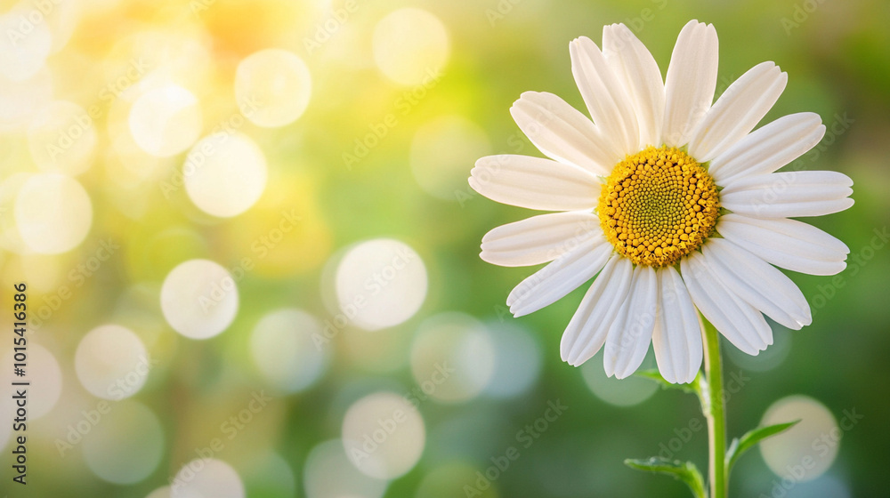 daisy flower stands out in a lush garden, symbolizing purity and innocence. The selective focus highlights its delicate petals against a blurred green backdrop daisy flower stands out in a lush garden, symbolizing purity and innocence. The selective focus highlights its delicate petals against a blurred green backdrop