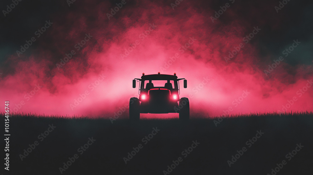 A tractor silhouetted against a backdrop of ominous pink clouds, the lights casting an eerie glow. A tractor silhouetted against a backdrop of ominous pink clouds, the lights casting an eerie glow.