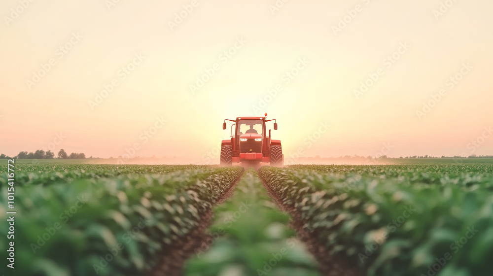 Fototapeta premium A red tractor drives through a field of crops at sunset.
