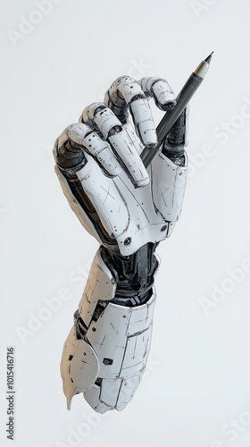 A hyper-detailed robotic hand with a sleek, mechanical design, holding a pen in a firm grip, against a minimalist white background, showcasing the fusion of technology and creativity