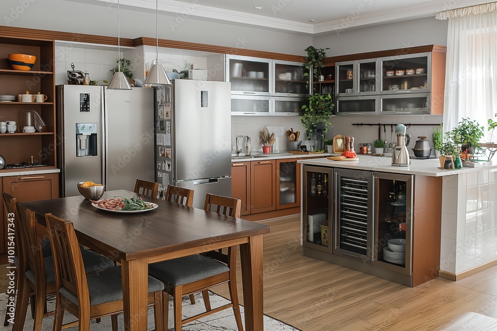 Fototapeta premium Modern kitchen with large granite countertop island, wooden floor, white backsplash, stainless steel refrigerator, wine cooler, wooden dining table with six chairs. Well-lit kitchen with natural from
