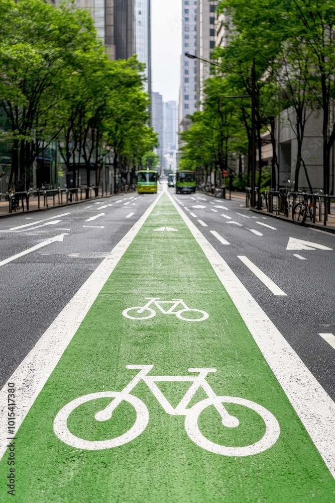 Obraz premium Bicycle lane on a city street, flanked by green trees and modern buildings.