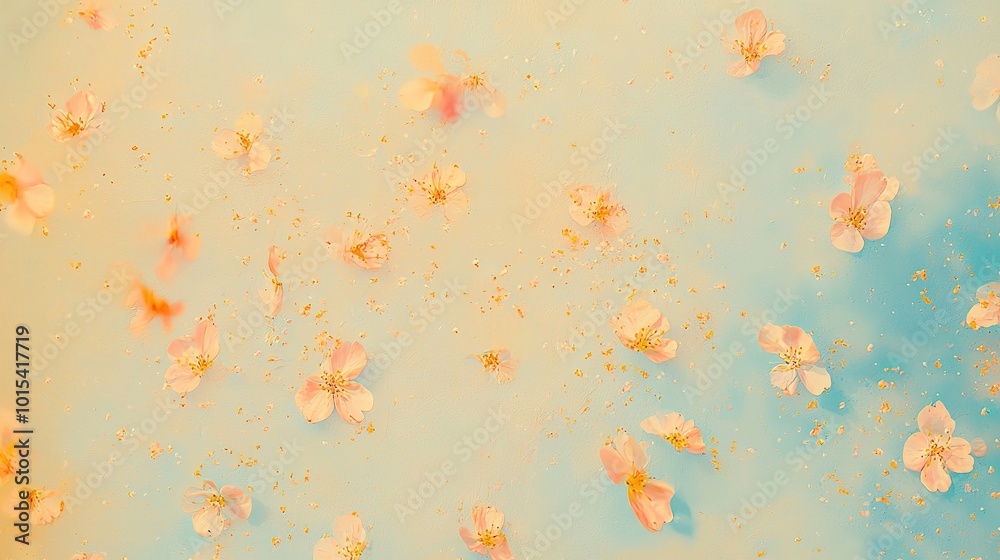 Pink flowers bobbing in blue water with golden specks Pink flowers bobbing in blue water with golden specks