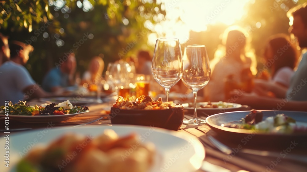 A joyful family gathering outdoors with food and drinks on a table during sunset. A joyful family gathering outdoors with food and drinks on a table during sunset.