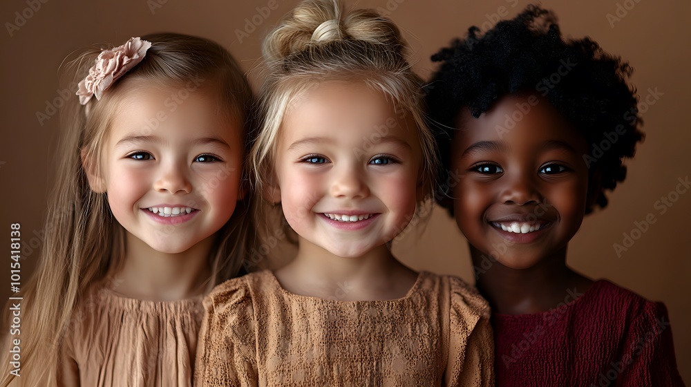 A multi-ethnic group of children stand together, each one radiating joy and friendship. Their bright smiles and playful poses reflect the essence of childhood camaraderie.