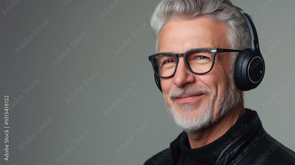 A stylish senior man with gray hair and glasses enjoying music with wireless headphones. A stylish senior man with gray hair and glasses enjoying music with wireless headphones.